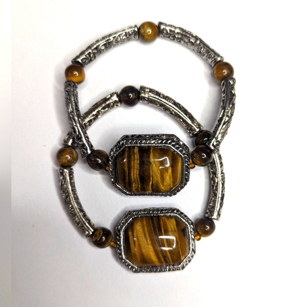 2 HSN Silvertone Tiger Eye Beads Octagon Center Feature Stone Stretch Bracelets